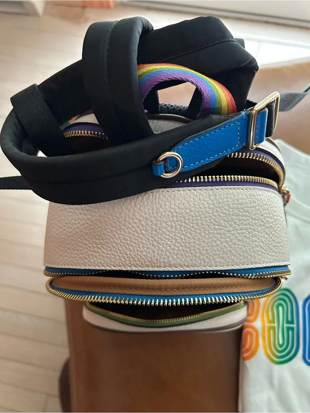 Coach White Pebble Leather Mini Backpack with Rainbow Logo